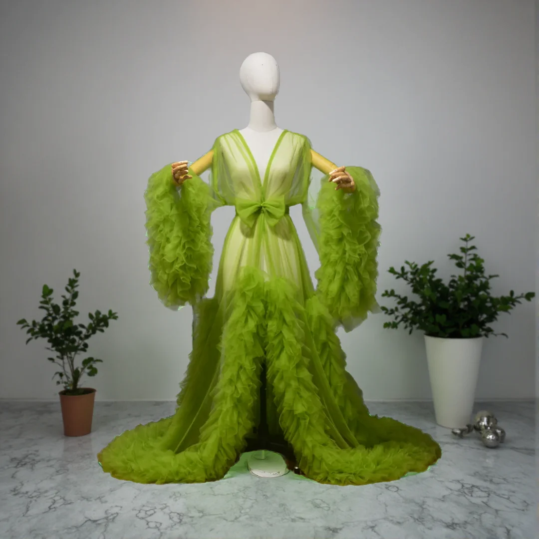 시스루 롱 튤 로브 퍼피 임부복 베이비 샤워 나이트가운 슬립웨어 신부 부두아르 로브 맞춤 제작