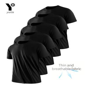 남성용 라운드넥 티셔츠, 블랙 초경량, 빠른 건조, 통기성, 땀 흡수 셔츠, 피트니스 헬스장 및 Ru에 적합, 5 피스