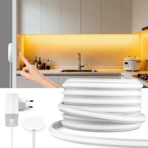 터치 디머 및 핸드 스윕 유도 스위치 COB LED 네온 라이트 스트립 24V LED 테이프 라이트 터치 신호가 목재 보드를 관통합니다