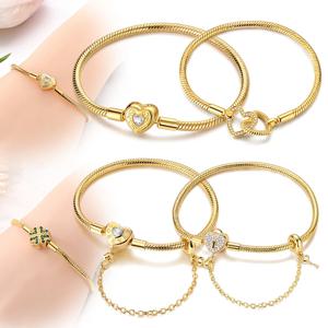 오리지널 925 스털링 실버 골드 팔찌 뱅글 골든 하트 스타 네잎클로버 팔찌 스네이크 체인 여성용 골드 주얼리