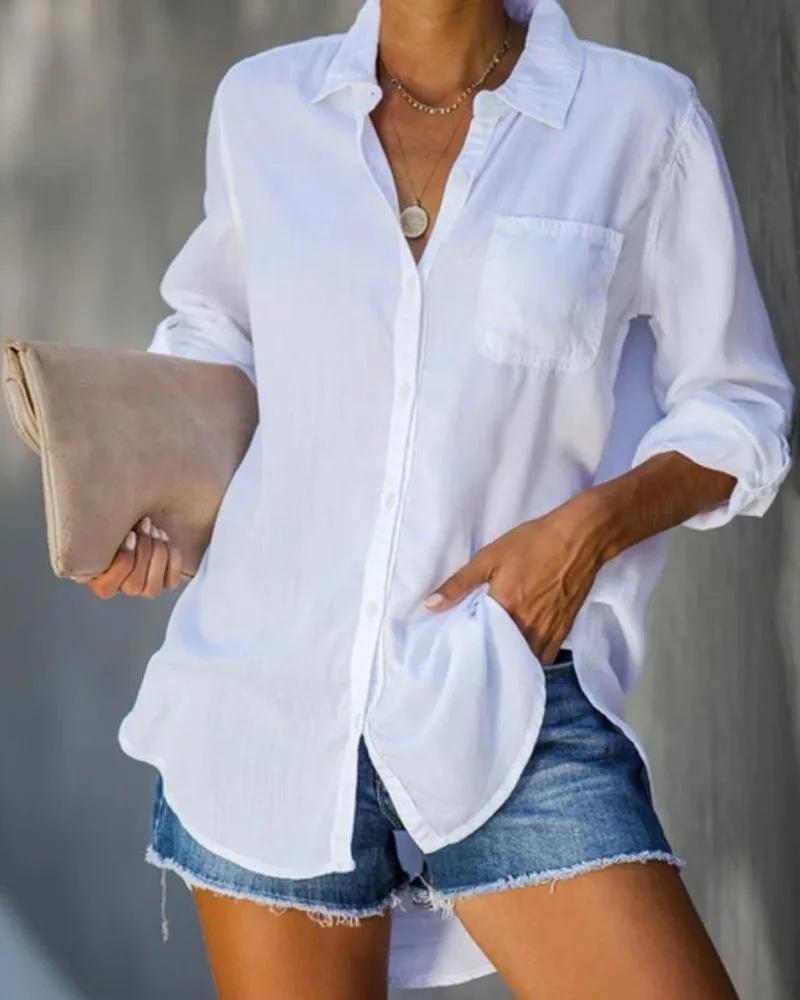 여성 셔츠 단색 캐주얼 루즈핏 브레스티드 셔츠 여성 의류