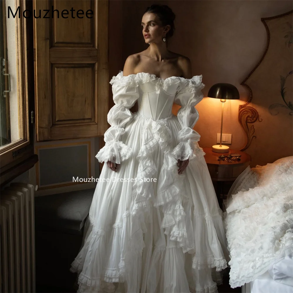 Mouzhetee A-라인 오프 숄더 우아한 웨딩 드레스 클래식 레이스 긴 소매 신부 가운 맞춤 제작 2025