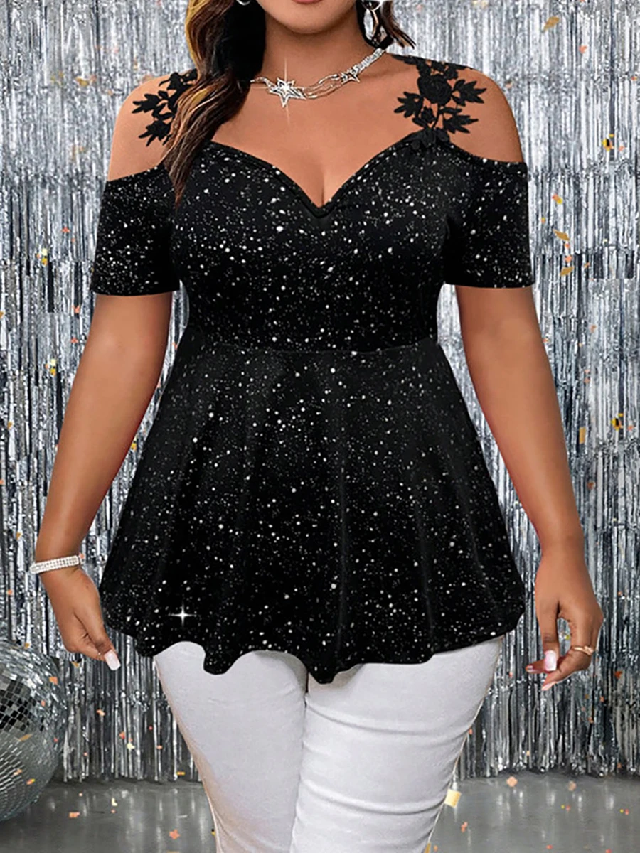 플러스 사이즈 여성용 티셔츠 콜드 숄더 V 넥 레이스 글리터 페플럼 탑 글램 봄 여름 시크 티셔츠 파티 스트레치 탑