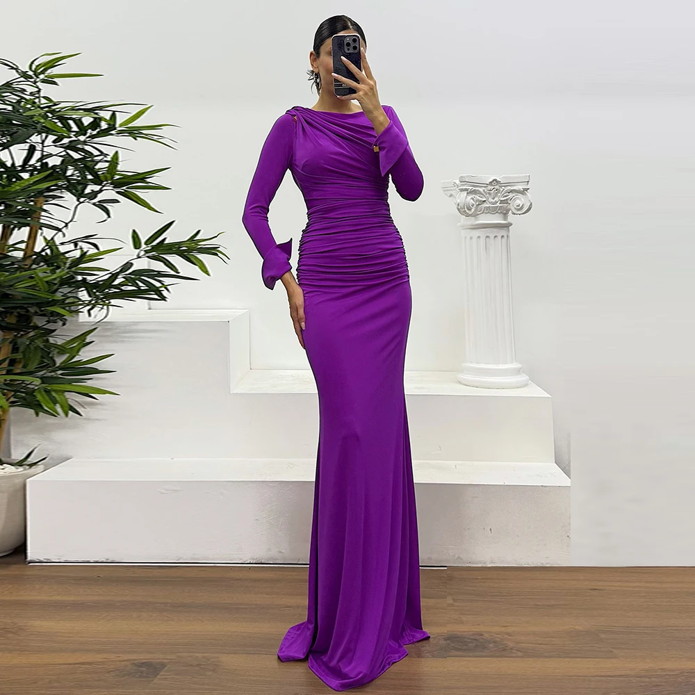 맞춤형 사우디 드레스 머메이드 플로어 길이 이브닝 드레스 긴 소매 O 넥 플리츠 웨딩 파티 드레스