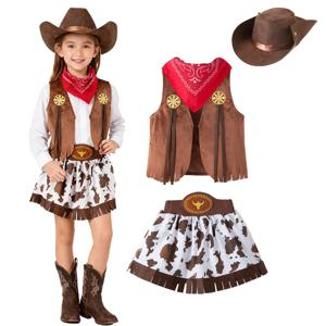 여아용 카우보이 코스튬 세트, 서부 테마 드레스업 의상 (조끼, 스커트, 반다나, 카우보이 모자 포함), 할로윈에 적합 (1-15세)