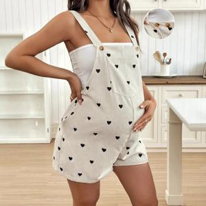 출산 임산부 작업복 하트 꽃무늬 프린트 조절 가능한 허리 반바지 롬퍼 봄 여름 캐주얼 임신 의류