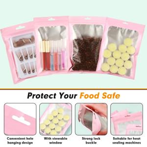 100-300Pcs 무광택 핑크 마일라 가방 소규모 사업용 립글로스 쥬얼리용 투명 창 재밀봉 가능 지퍼락 파우치 포장 가방