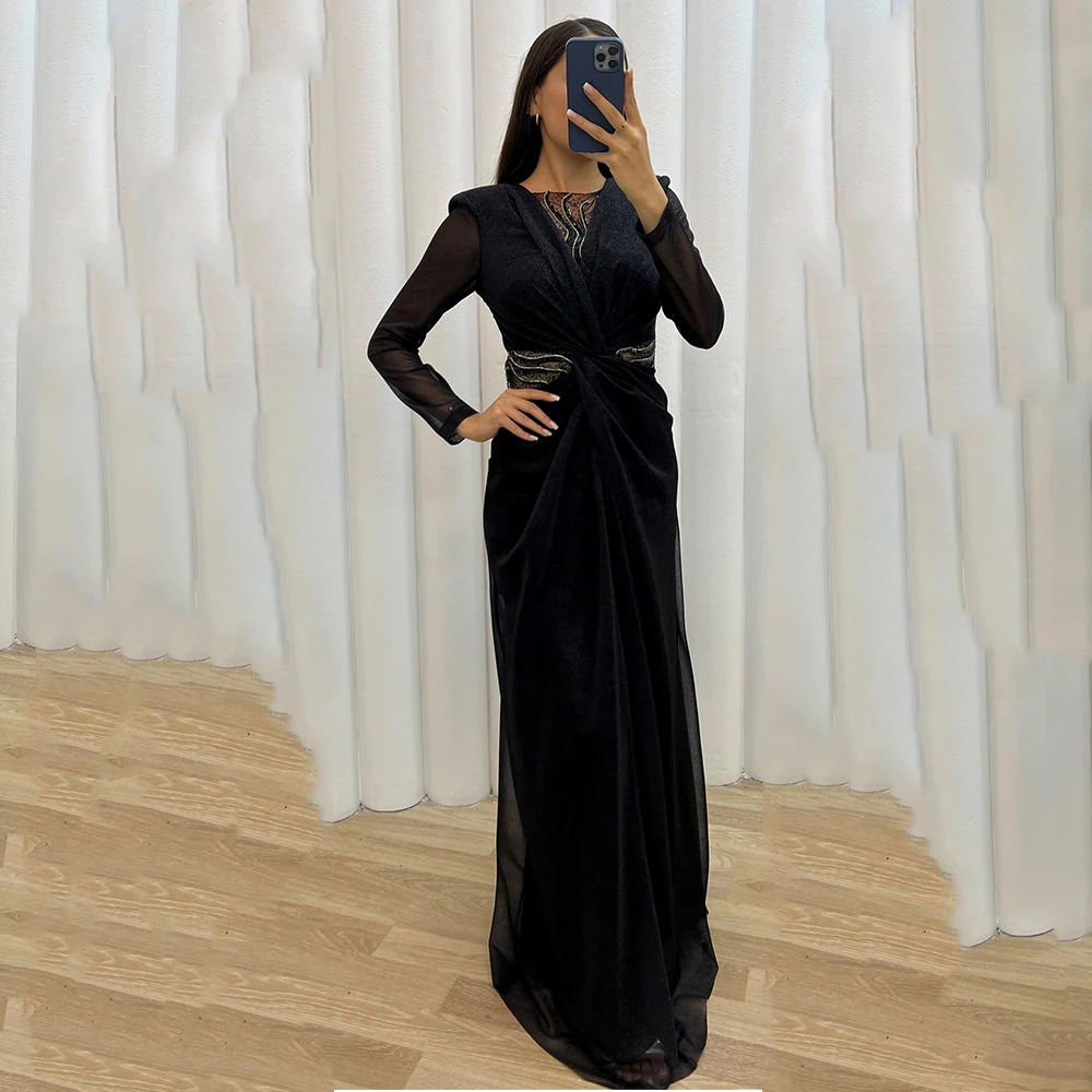 현대적인 맞춤형 글리터 사우디 드레스 시스 스타일 바닥 길이 이브닝 가운 긴 소매 비딩 장식 정장 파티 드레스