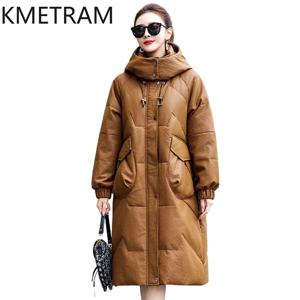 100% 양가죽 정품 가죽 퍼퍼 재킷, 여성 의류, 롱 다운 코트, 후드 2024, 겨울 루즈 재킷