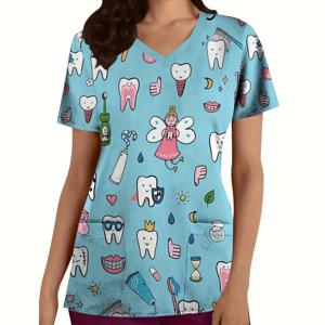 여성 치아 만화 프린트 수술복, V넥 반팔 상의, 치과 미세 탄성 의료 유니폼, 간호 여름 패션
