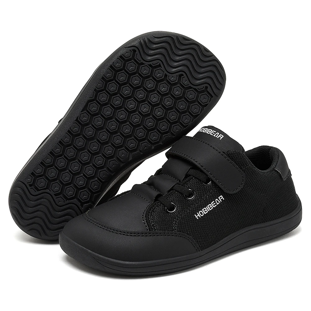 HOBIBEAR 키즈 와이드 발가락 맨발 신발 소년 소녀 미니멀리스트 스니커즈 경량 후크 루프 메쉬 인공 가죽 신발
