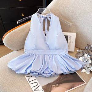 여성용 여름 브이넥 홀터 탑(빌드인 브라 포함) 허리 신칭 오픈 백 블라썸 헴 캐미 걸스 패딩 탱크