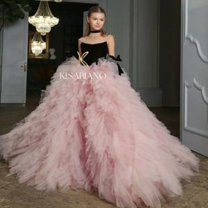 결혼식을위한 블랙 & 핑크 꽃의 소녀 드레스 공주 계층화 된 Tulle 쓰레기 소녀의 아기 생일 파티 댄스 파티 사진 촬영 가운