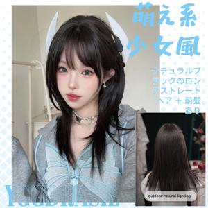 22인치 아시안 블랙 귀여운 스타일 앞머리 있는 중간 길이 자연스러운 생머리 가발 여성용 데일리용 내열성