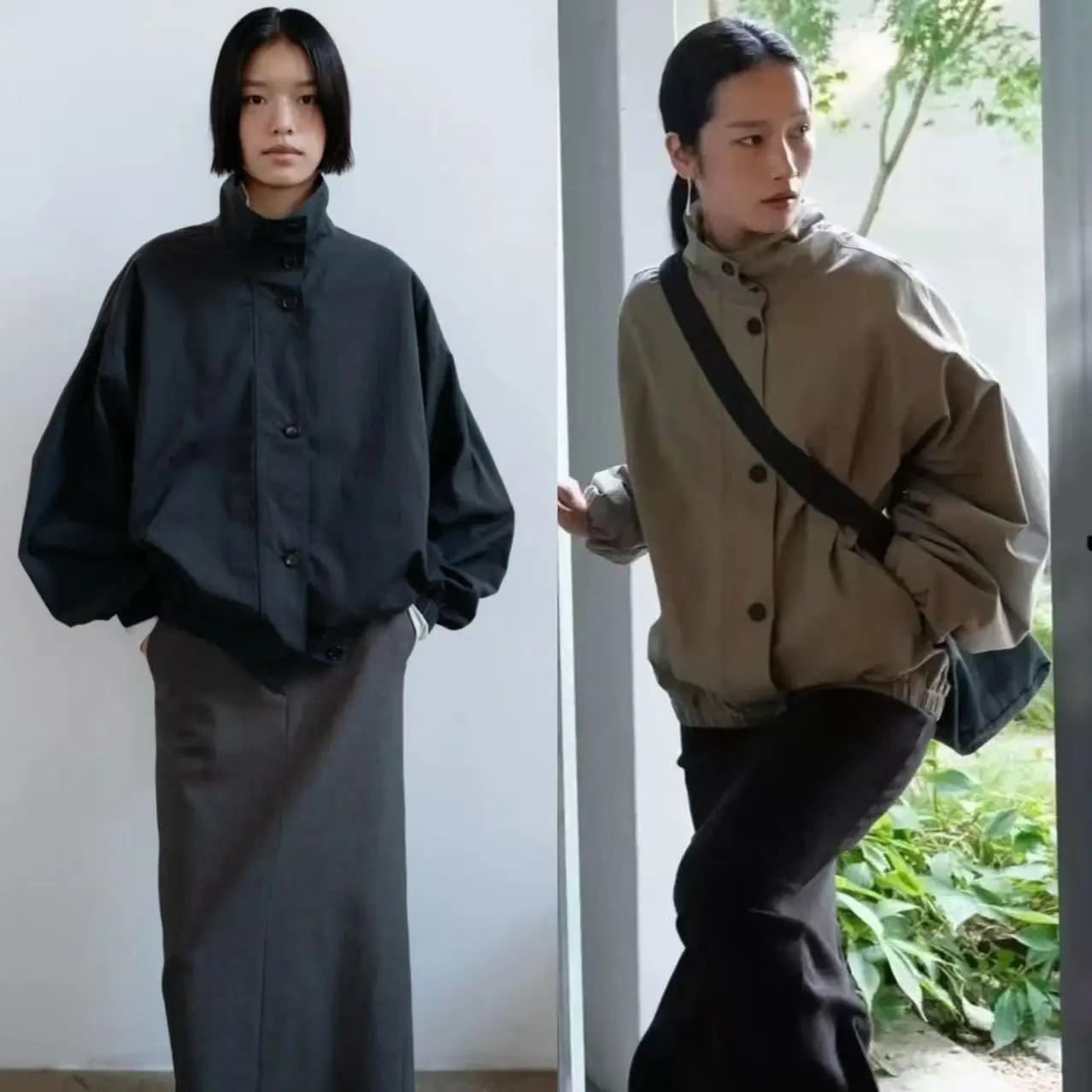 모노하 블루 캐주얼 루즈핏 버튼업 스탠드 칼라 자켓 아우터웨어 한국 스타일 2026년 봄 여성 패션 숏 코트