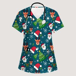 크리스마스 요소가 가득한 프린트 패션 포켓 V넥 티셔츠 통근용 수의사 치과의사 여성 의료 유니폼