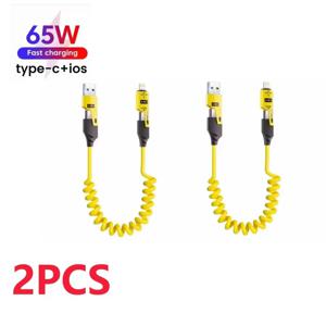 2PCS 4 in 1 65W 스프링 숏 데이터 케이블 6A USB C타입 스프링 텔레스코픽 고속 충전 케이블 아이폰 15 14 13 12용