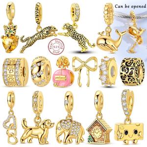 골드 오리지널 참 비즈 925 스털링 실버 레오파드 십자가 개뼈 지구 비행기 참 팔찌 펜던트 여성 DIY 쥬얼리