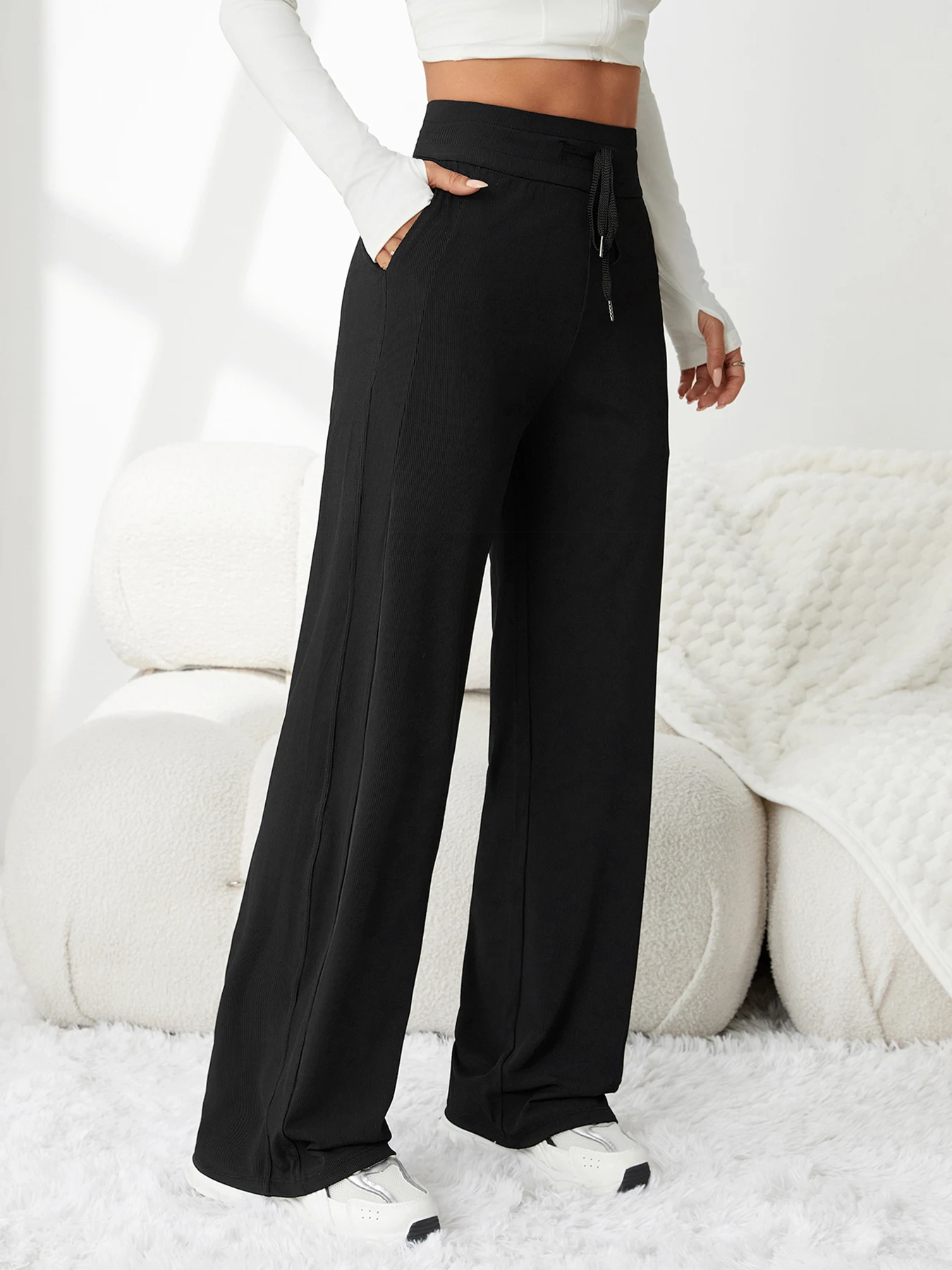 여성용 아이스 실크 팬츠 여름 부드럽고 편안하며 통기성 좋은 와이드 팬츠 신상 하이웨이스트 슬림 캐주얼 팬츠