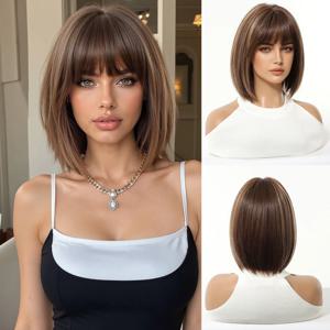 짧은 직모 합성 가발 브라운 블론드 옴브레 가발(여성용 앞머리 포함) 데일리 파티 코스프레용 내열성 섬유