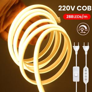 220V 디밍 가능한 스위치 COB LED 스트립 네온 라이트 디머 파워 키트 방수 288LED 주방 룸 데코 플렉스 램프 3000K 4000K 6000K