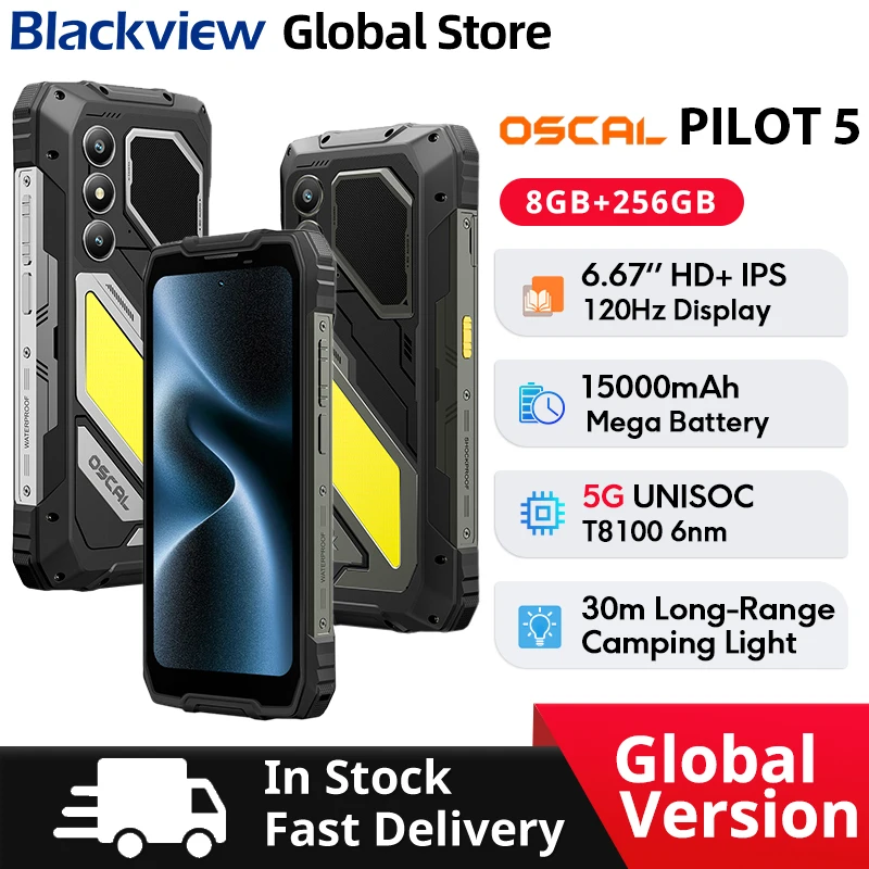 블랙뷰 OSCAL PILOT 5 러기드 스마트폰 5G AI 6.67인치 120Hz 디스플레이 UNISOC T8100 CPU 8GB 256GB 15000mAh 5W 스피커 NFC 휴대폰