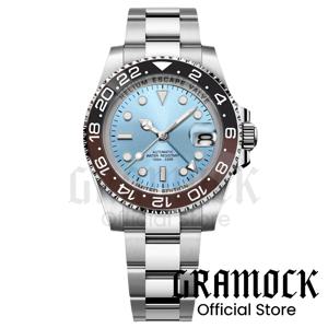 커스텀 40mm SEA 스틸 다이빙 남성용 시계 선버스트 아이스 블루 다이얼 블랙 브라운 GMT 베젤 광택 스트랩 NH34 기계식 레로즈 옴브레