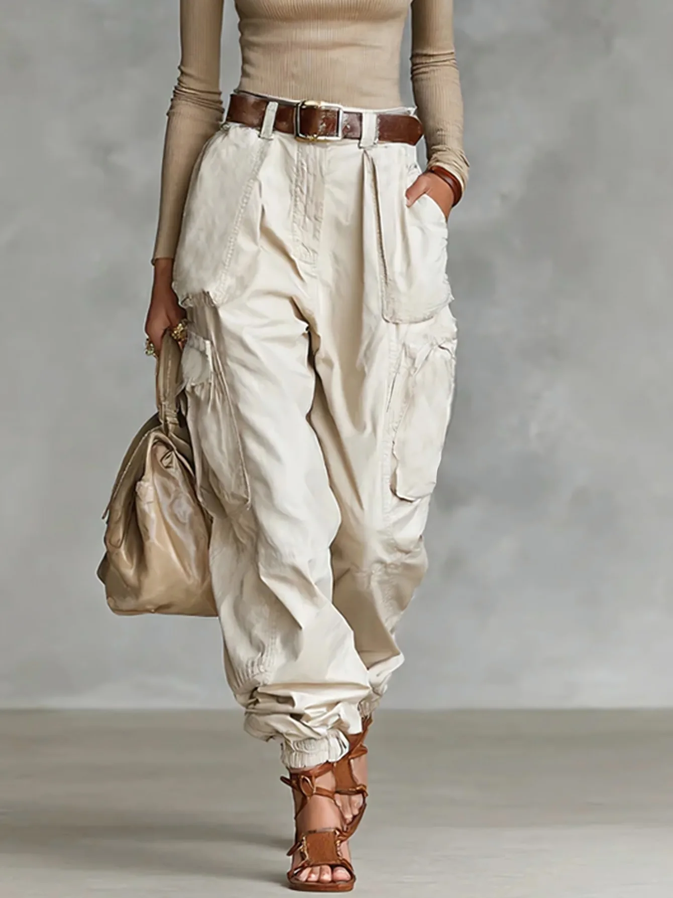 여성용 빈티지 캐주얼 바지, 루즈핏 멀티 포켓 카고 팬츠, 휴가용 단색 스포츠 스타일 스웨트셔츠 오버올