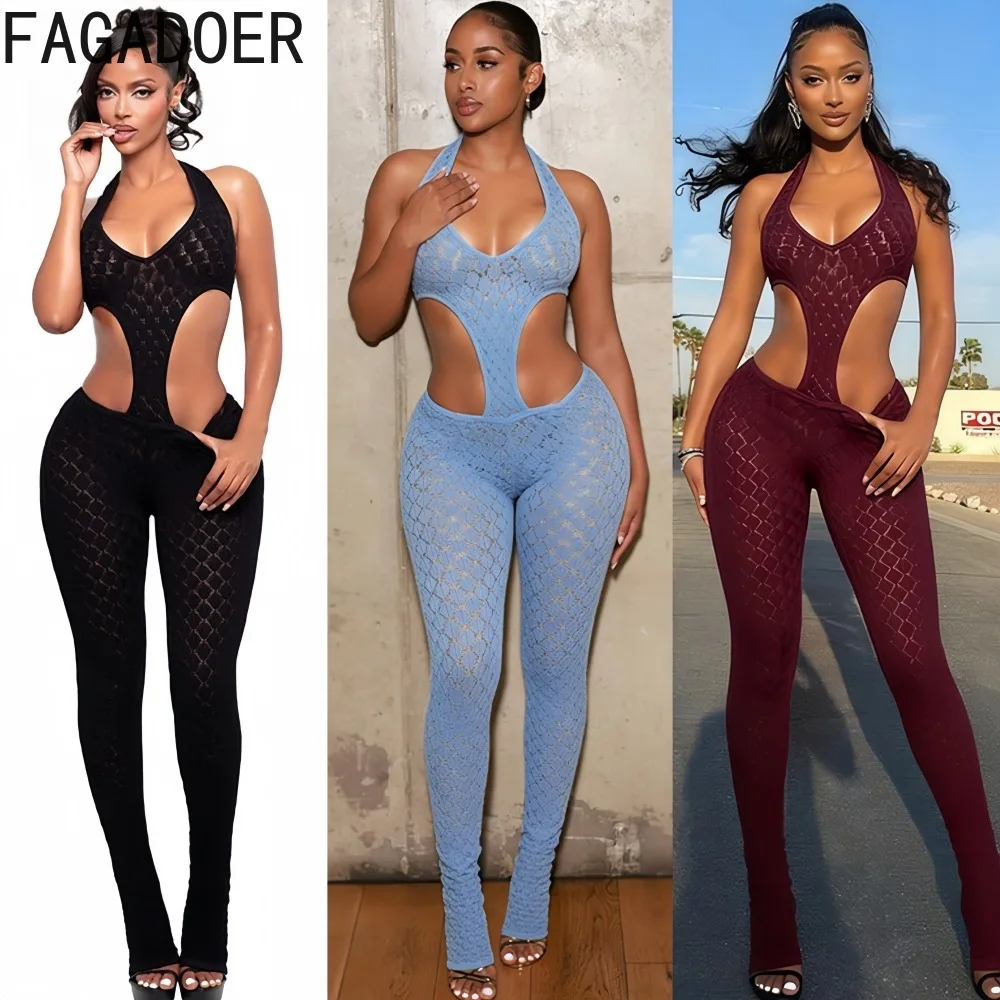 FAGADOER 섹시한 레이스 속이 빈 패치 워크 바디콘 점프 슈트 여성 홀터넥 시스루 백리스 롬퍼 여성 스트리트웨어 오버올