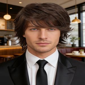 남성용 브라운 레이어드 울프 컷 가발, 일상 및 코스프레 스타일을 위한 질감 있는 프린지가 있는 천연 합성 헤어