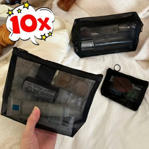 10/1피스 블랙 메쉬 메이크업 가방 세트 투명 화장품 파우치 여행용 세면도구 정리함 통기성 지퍼 케이스 링 손잡이 포함