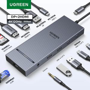 UGREEN USB 허브 4K120Hz DP 타입-C에서 4K60Hz로 변환 2xHDMI SD/TF RJ45 3.5mm USB3.2 Gen2 10Gbps 데이터 전송용 노트북 델 HP 레노버 액세서리