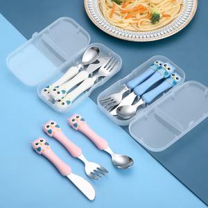 3pcs 어린이 숟가락 포크 상자 어린이 스테인레스 스틸 어린이 칼 붙이 휴대용 아기 먹이기구 아기 숟가락 아기 식기 세트