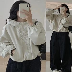캐주얼 여성용 짧은 재킷 더블 지퍼 후드 드로스트링 루즈핏 가을 겨울 새로운 스타일 유행 레저 코트