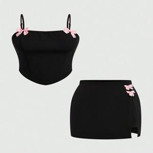 플러스 사이즈 2025 여름 새 여성 봄, 여름 섹시한 멜빵 탑 Bowknot 슬릿 하프 스커트 로맨틱 소녀 투피스 세트