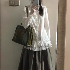 Deeptown 화이트 레이스 패치 워크 우아한 여성 셔츠 Shoujo Preppy 긴 소매 일본식 프릴 블라우스 루즈 스위트 로리타