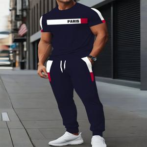여름 새 남성 스트라이프 인쇄 부드럽고 편안하며 통기성이 뛰어난 라운드 넥 티셔츠 바지 세트 야외 하이 스트리트 투피스 세트