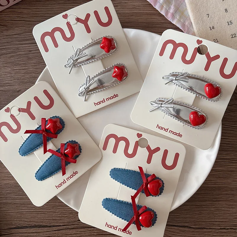 2개 레드 스타 아동용 BB 클립 헤어핀 데님 실버 가죽 앞머리 사이드 클립 여자아이 헤어 클립 어린이 헤어 액세서리