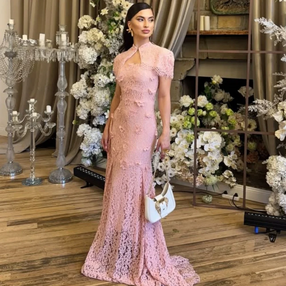 맞춤형 모던 스타일 정장 레이스 수제 꽃 주름 인어 하이 칼라 롱 드레스 맞춤형 행사 드레스 고품질