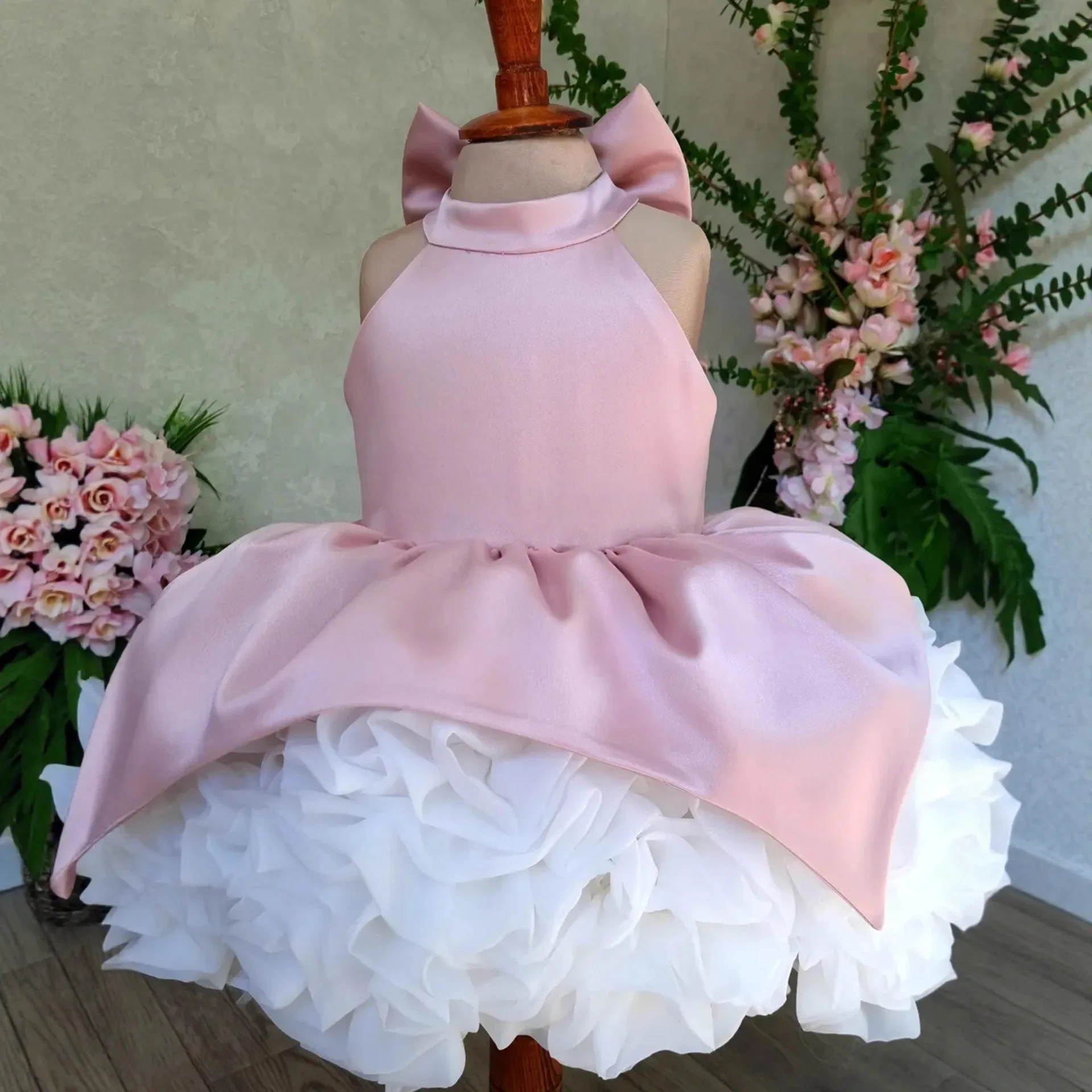 럭셔리 핑크 플라워 걸 드레스 보타이 퍼프 걸스 파티 드레스 웨딩 새틴 키즈 크리스마스 행사 드레스 맞춤 제작