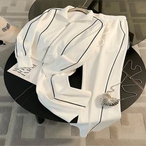 여성용 컬러 블록 스포츠웨어 세트 봄 가을 패션 플립 칼라 지퍼 코트 긴 바지 투피스 세트 여성 레저 의상