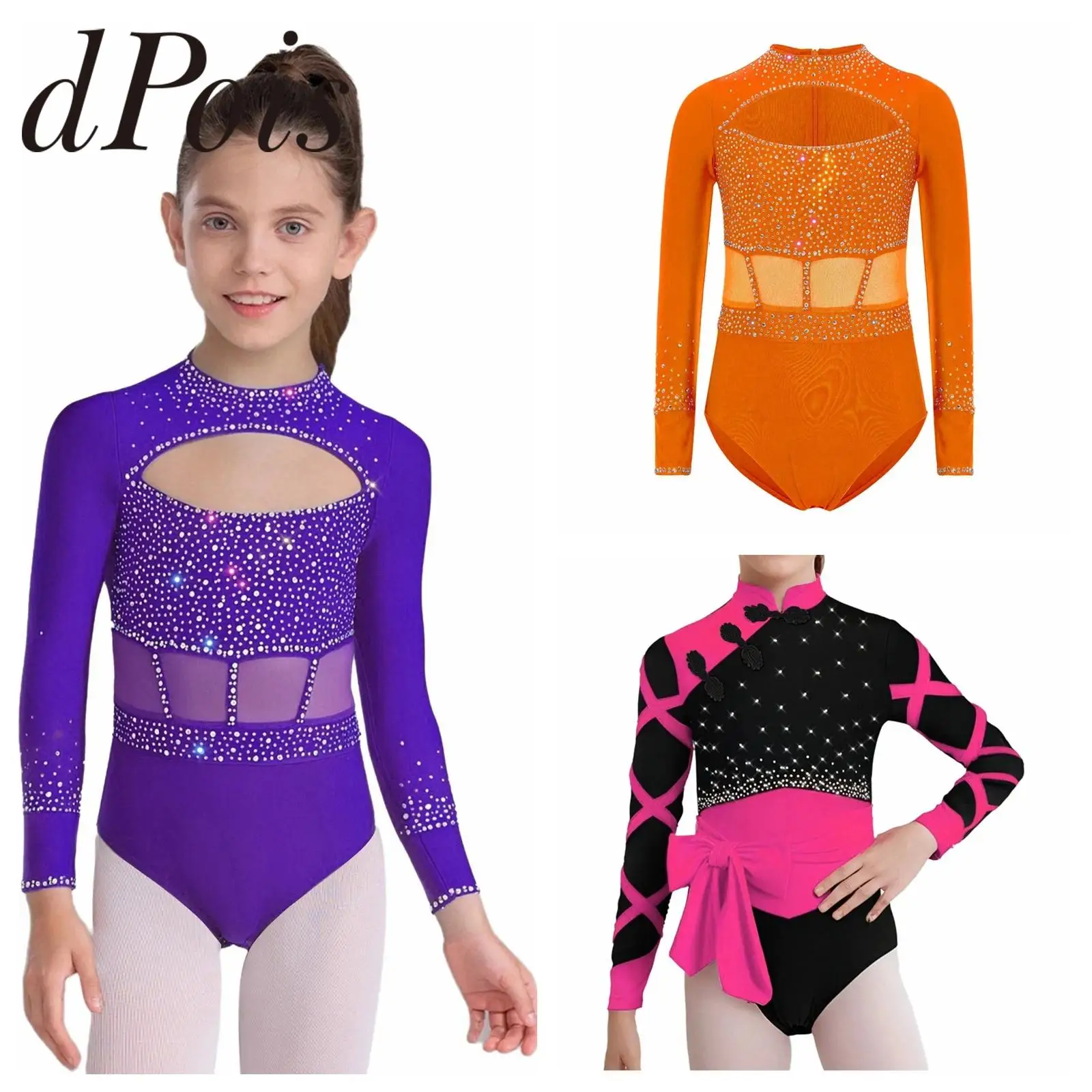 키즈 걸스 체조 레오타드 컷아웃 프론트 댄스 탑 긴 소매 반짝이는 라인스톤 발레 스케이팅 점프수트 바디수트 댄스웨어