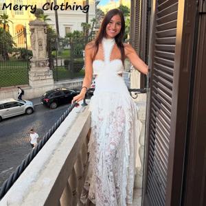 섹시한 레이스 패치워크 드레스 여성용 속이 비치는 민소매 파티 클럽 롱 스커트 시스루 홀터 이브닝 가운 휴가 여성용 로브