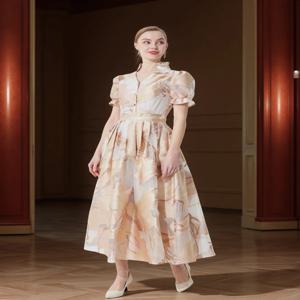 프랑스 빈티지 자카드 장식 드레스, 허리를 강조하는 플레어 맥시 실루엣으로 우아한 연회와 데이트에 적합