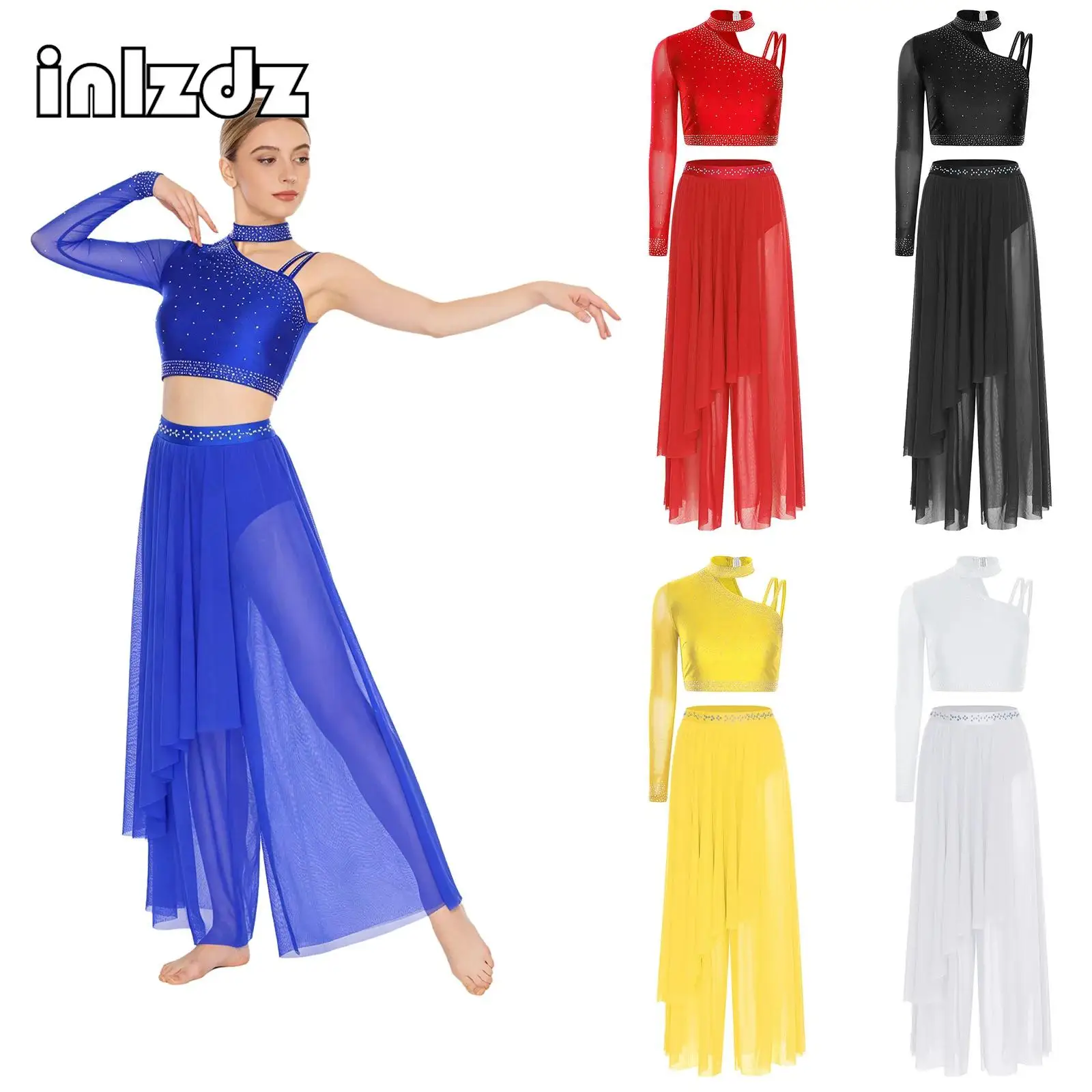 여성 현대적인 서정적 댄스 의상 비대칭 어깨 라인스톤 크롭탑+바지 2피스 세트 무대 공연 대회용