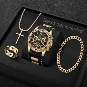 4PCS 패션 아랍어 다이얼 남성 비즈니스 쿼츠 시계 캐주얼 실리콘 스트랩 손목시계 목걸이 세트 (박스 없음)