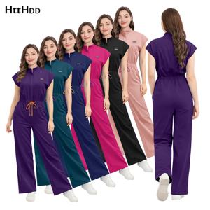 여성용 반팔 스크럽 점프수트 의료 병원 유니폼 포켓 포함 의료 미용 간호 스크럽 스파 유니폼