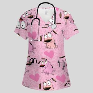 임상 유니폼 여성 패션 v 넥 활기찬 포켓 티셔츠 귀여운 만화 프린트 탑 여름 편안한 수의사 간호사 유니폼 여성