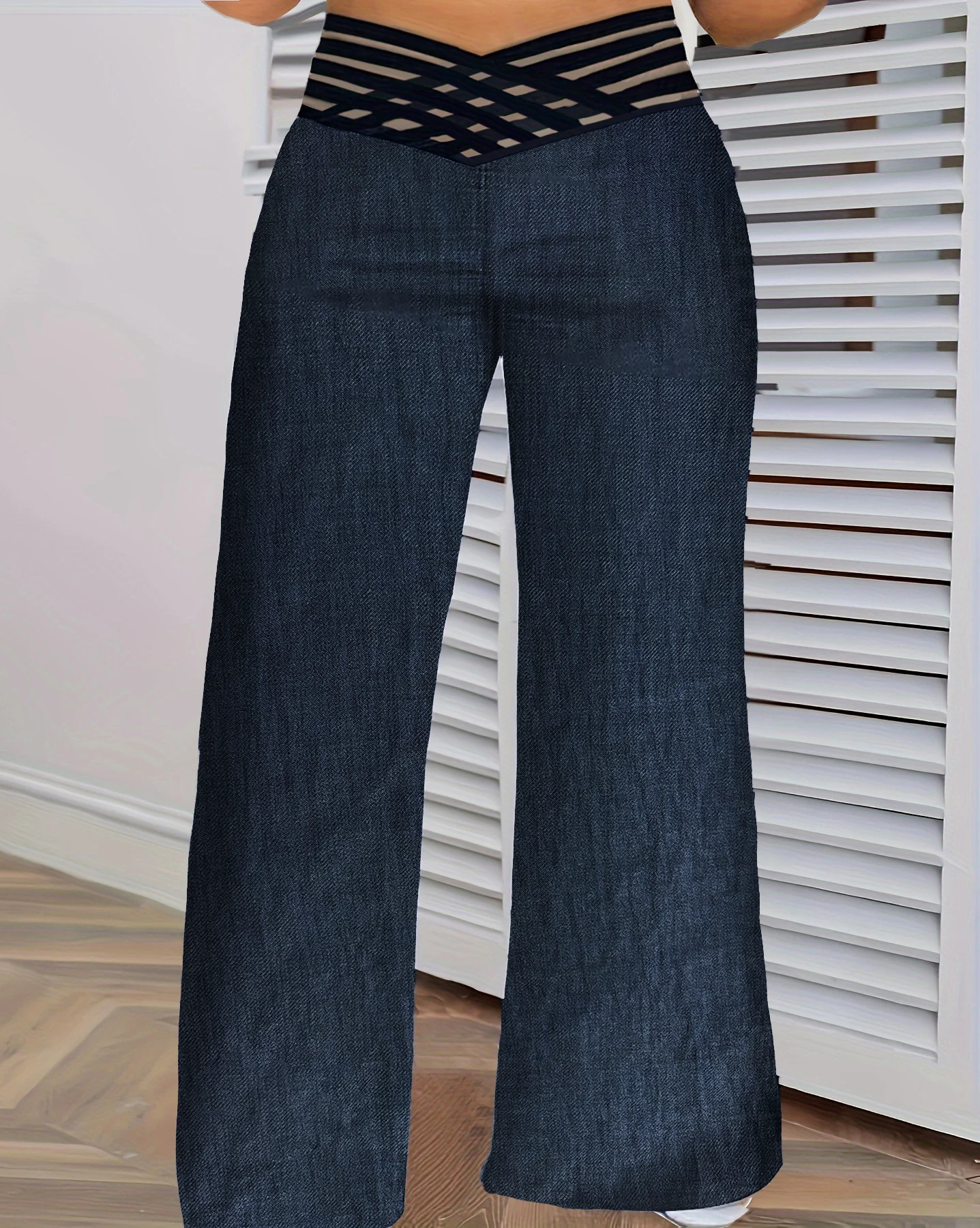 플러스 사이즈 여성용 청바지 하이웨이스트 크리스크로스 메쉬 와이드 레그 데님 팬츠 캐주얼 봄 여름 스트레치 바지