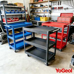 요겔 헤비듀티 3단 유틸리티 롤링 카트, 잠금식 캐스터가 있는 바퀴 달린 스틸 서비스 트롤리, 다용도 수납함